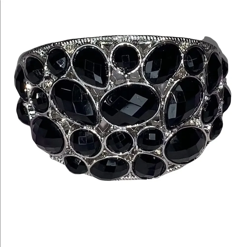 Black Rhinestone Statement Cuff‎ Bracelet Silver Hinged Wide Glam